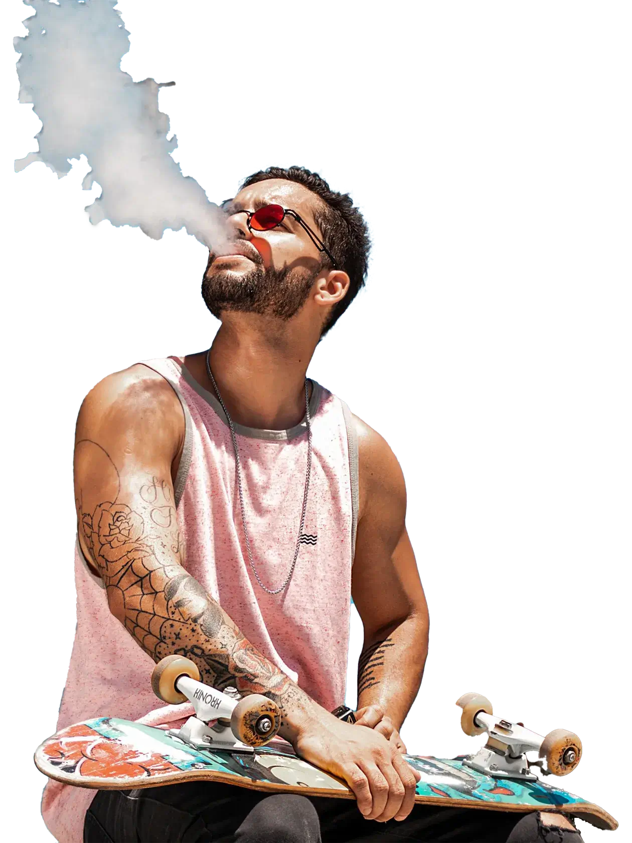 一位手持滑板、佩戴墨鏡的潮流玩家正在享受大煙霧 Vaping，代表 SALT SHAQ 充滿活力的會員社群。邀請您訂閱電子報，獲取台灣電子煙獨家優惠。