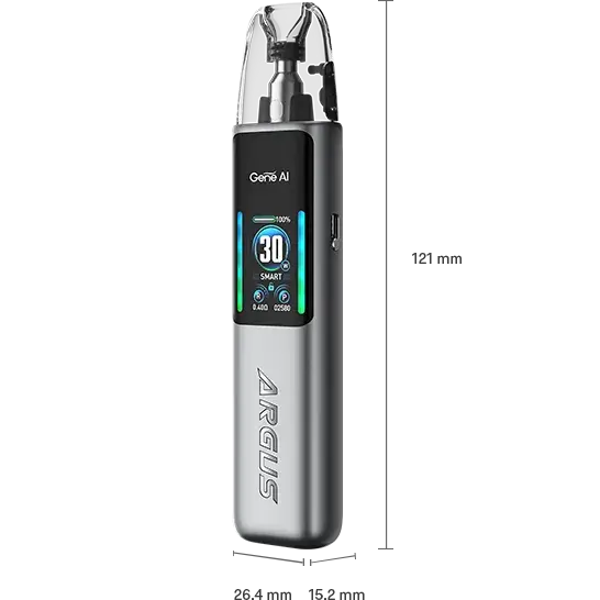 ARGUS G2 具體尺寸規格表 (mm) VOOPOO ARGUS G2 阿格斯 G2 產品尺寸規格圖。圖表清晰標示主機的高度、寬度與厚度數值 (mm),以及煙彈容量規格,供用戶確認實際大小。