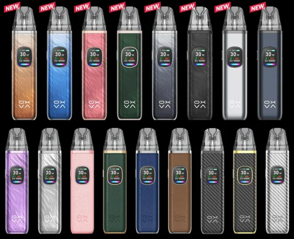 OXVA XLIM PRO 2 小蠻牛二代電子煙全系列 17 款顏色大合集，展示全新升級的羽毛流紋系列、高階皮革與經典碳纖維主機，全面搭載 0.56 吋高清彩屏與 30W 輸出