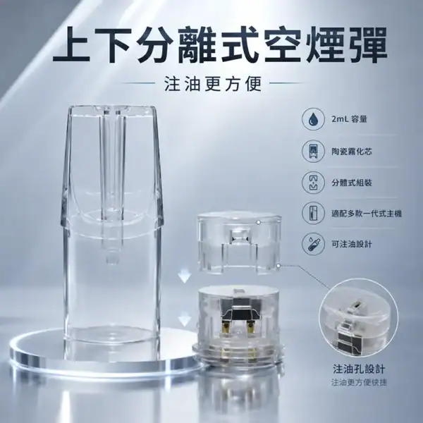 上下分離式透明 2mL 空煙彈與陶瓷芯外觀